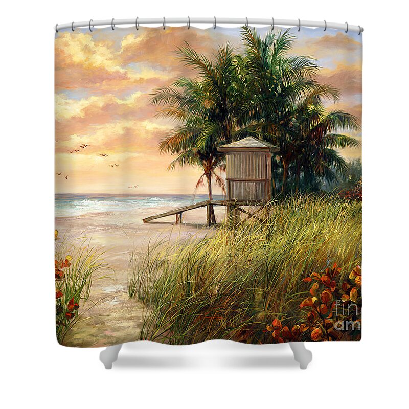 Beach Shower Curtain featuring the painting Hollywood Life Guard Hut by Laurie Snow Hein