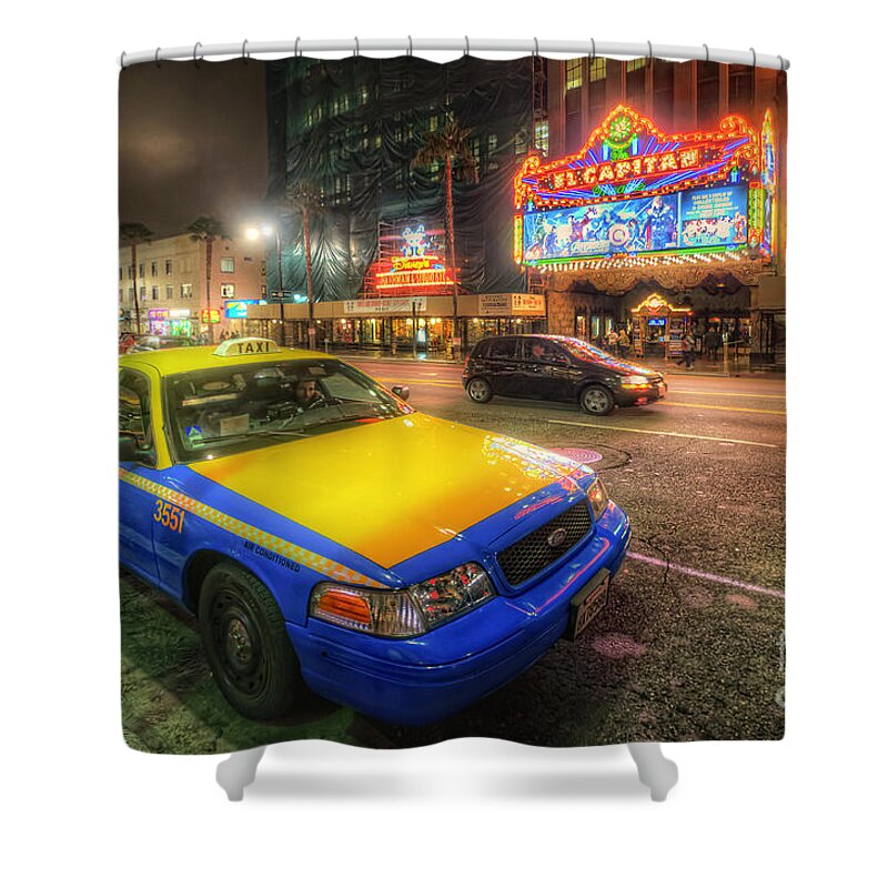 Yhun Suarez Shower Curtain featuring the photograph Hollywood Taxi by Yhun Suarez