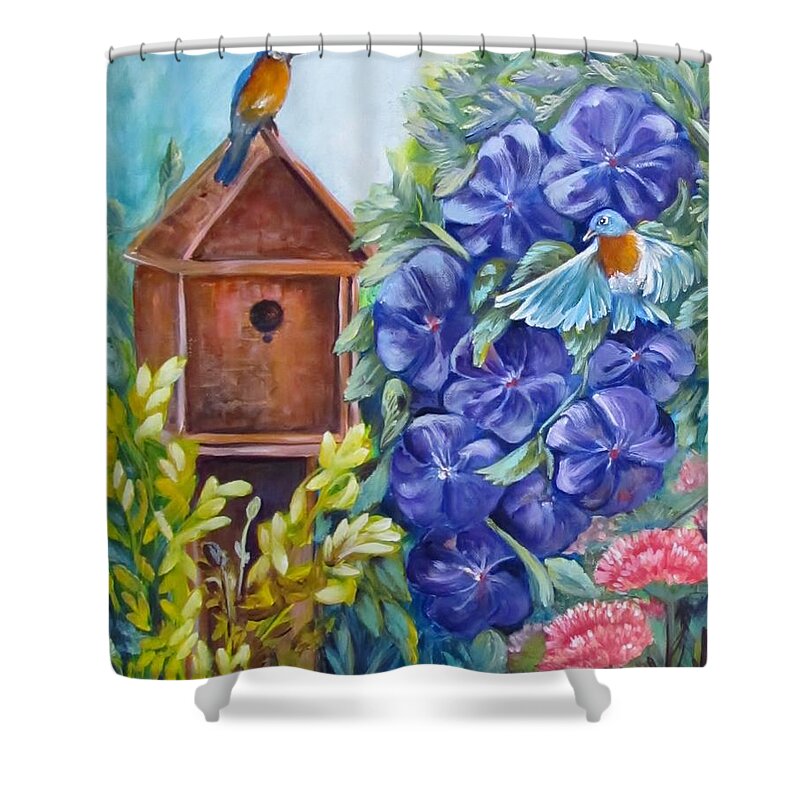 Bluebirds Shower Curtain featuring the painting Home at Last by Carol Allen Anfinsen