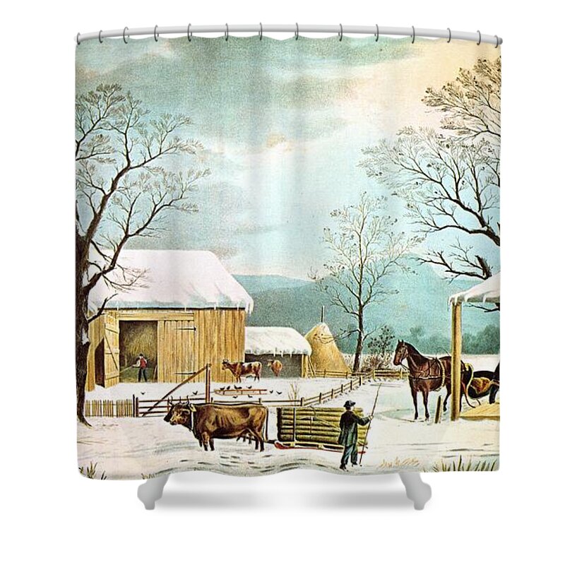 Currier And Ives Shower Curtain featuring the digital art Home To Thanksgiving by Currier and Ives