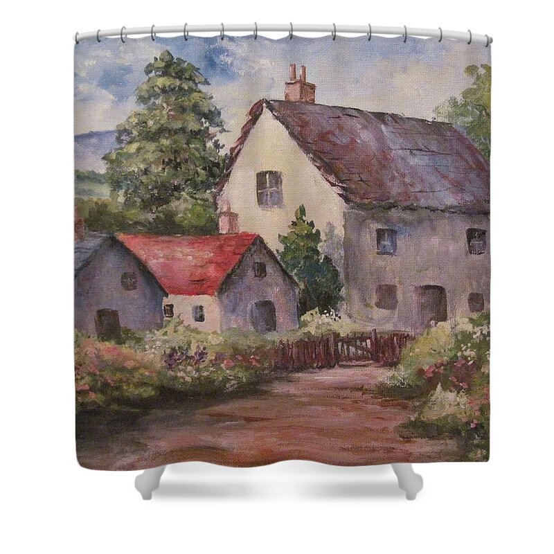 Farmhouses Shower Curtain featuring the painting Homestead by Megan Walsh