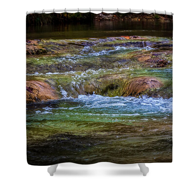 Arbuckle Mts Shower Curtain featuring the photograph Honey Creek 3 by Doug Long