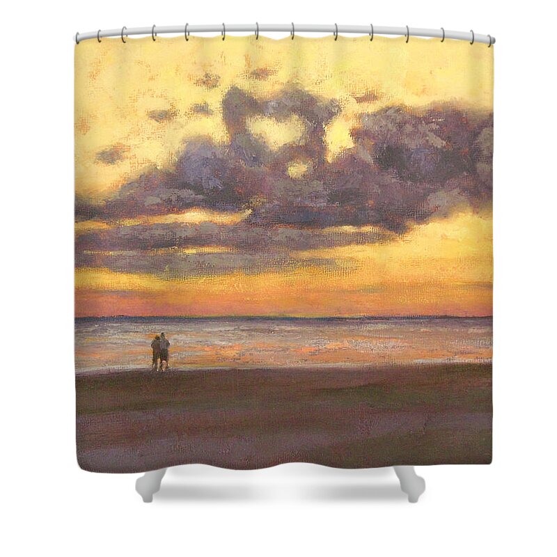 Sunset Shower Curtain featuring the painting Honeymooners by the Beach by Robie Benve