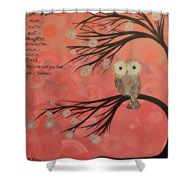 Owls Shower Curtain featuring the painting Hoo's Who Care - Find The Cure - Support Breast Cancer Awareness - Hoolandia #383 by MiMi Stirn