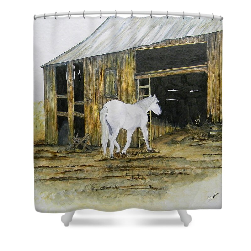Horse Shower Curtain featuring the painting Horse and Barn by Bertie Edwards