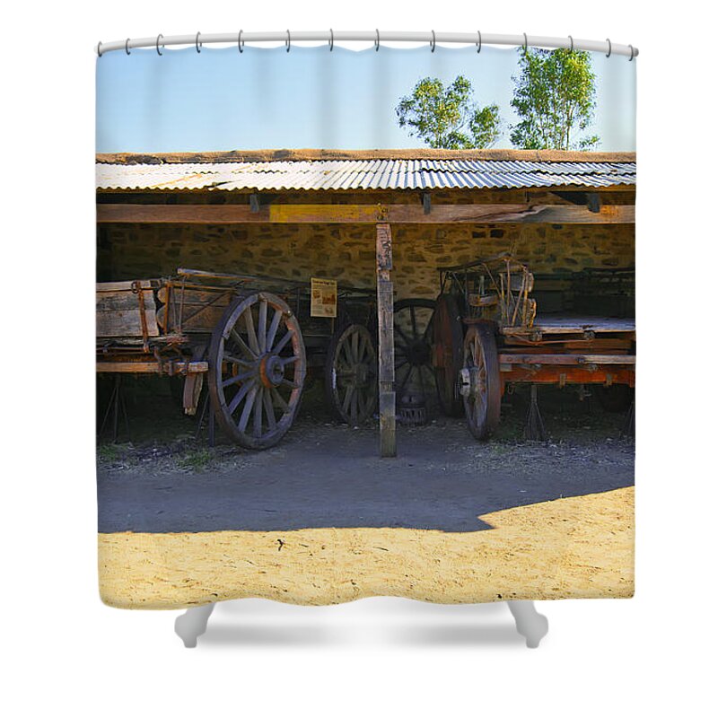 Historical Telegraph Station Alice Springs Northern Territory Central Australia Australian Communications Outback Pioneering Horse Drawn Carts Drays Wagons Shower Curtain featuring the photograph Horse Drawn Carts by Bill Robinson