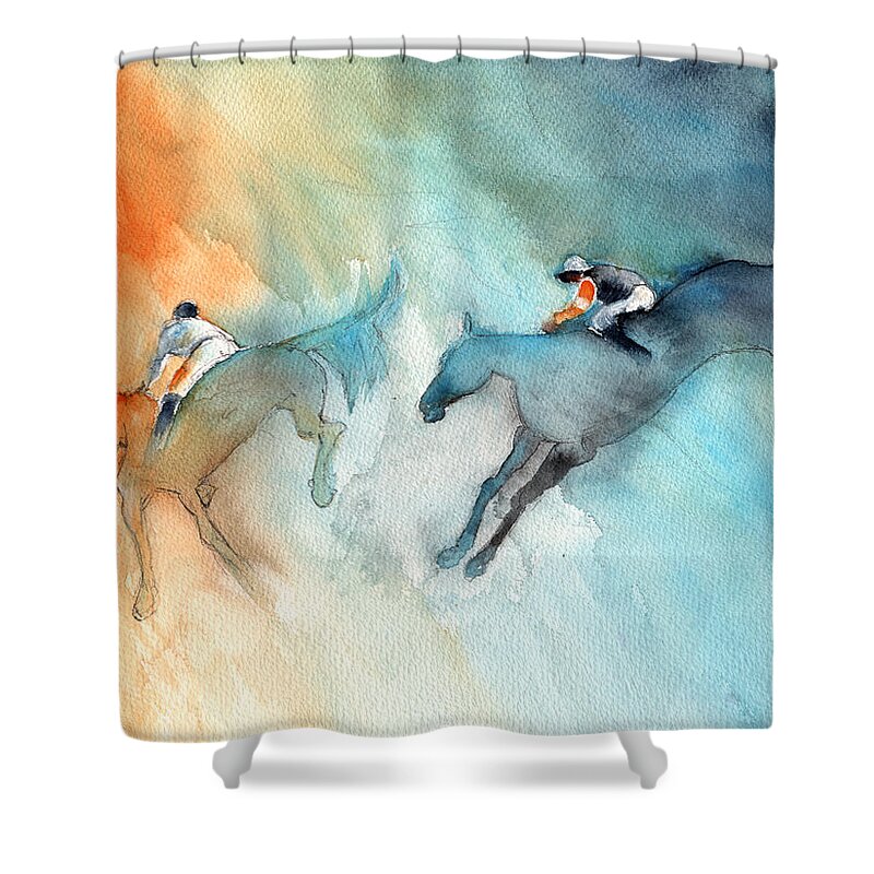 Sports Shower Curtain featuring the painting Horse Racing 02 by Miki De Goodaboom