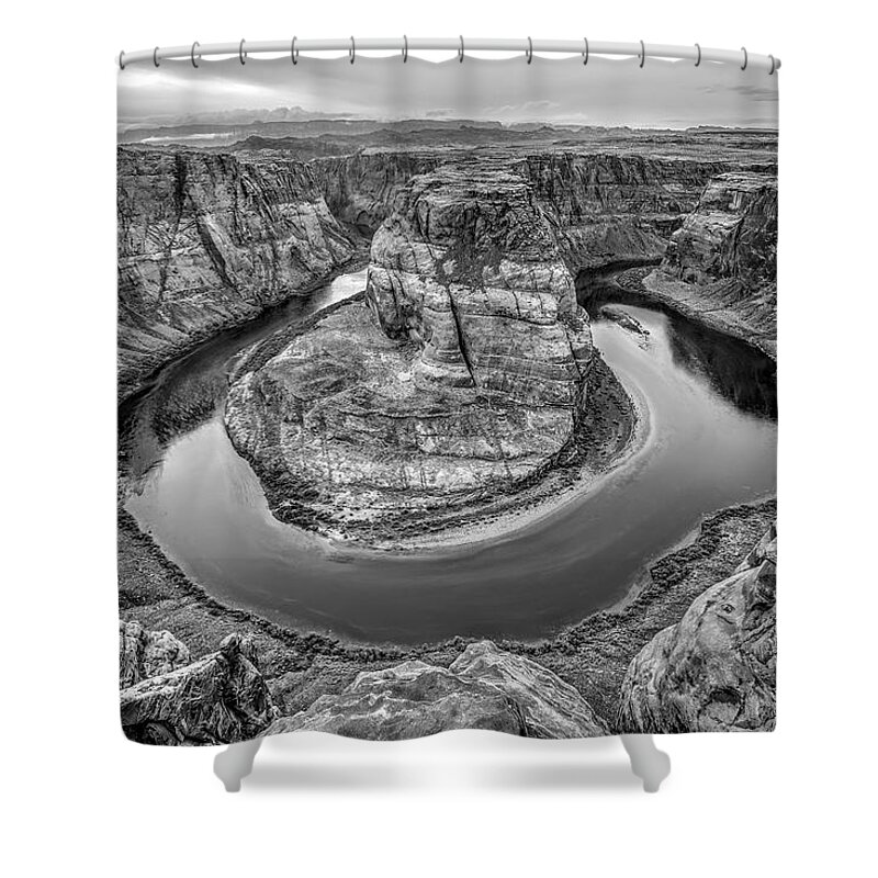 Horseshoe Bend Shower Curtain featuring the photograph Horseshoe Bend Arizona Black and White by Todd Aaron