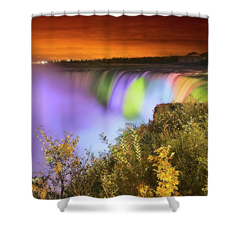Orange Color Shower Curtain featuring the photograph Horseshoe Falls Lit Up At Night by Ken Gillespie / Design Pics
