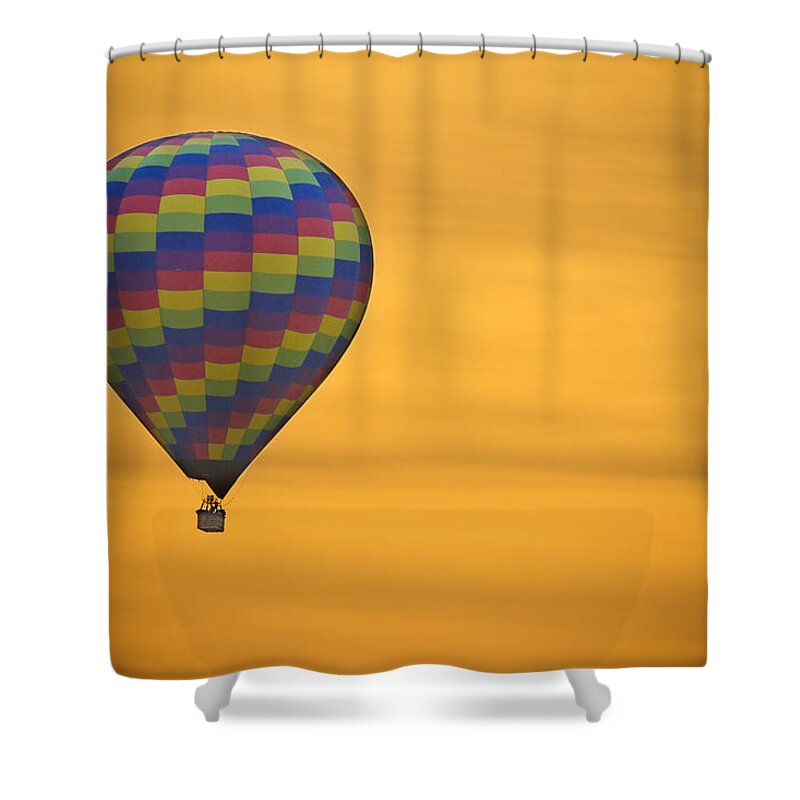 'hot Air Balloon' Shower Curtain featuring the photograph Hot Air Balloon Golden Flight by James BO Insogna