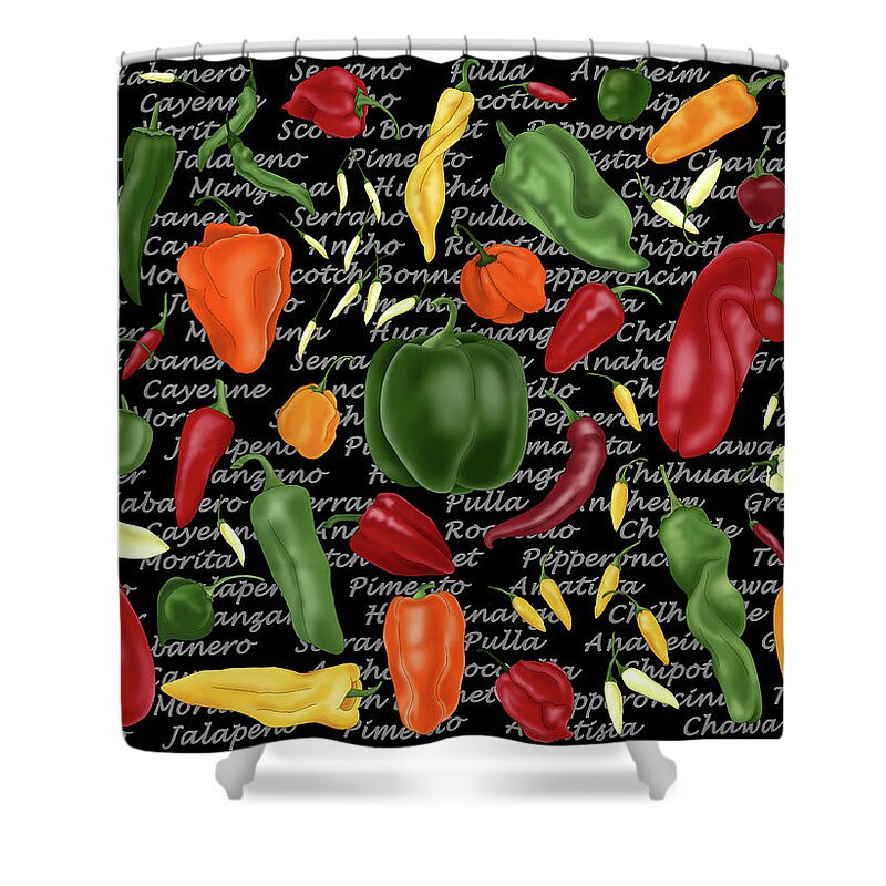 Chilis Shower Curtain featuring the painting Hot for Chilis by Alison Stein