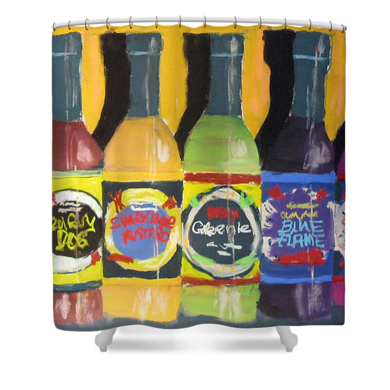 #hotsauce Shower Curtain featuring the painting Hot Shelf by Francois Lamothe
