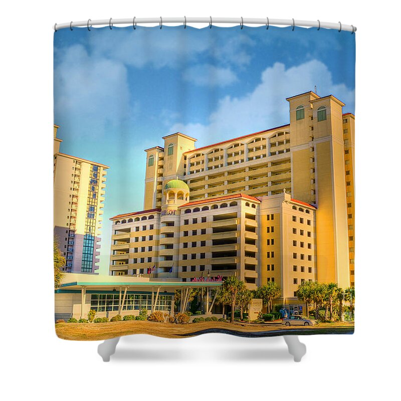 Architecture Shower Curtain featuring the photograph Hotel In Downtown Myrtle Beach by Kathy Baccari