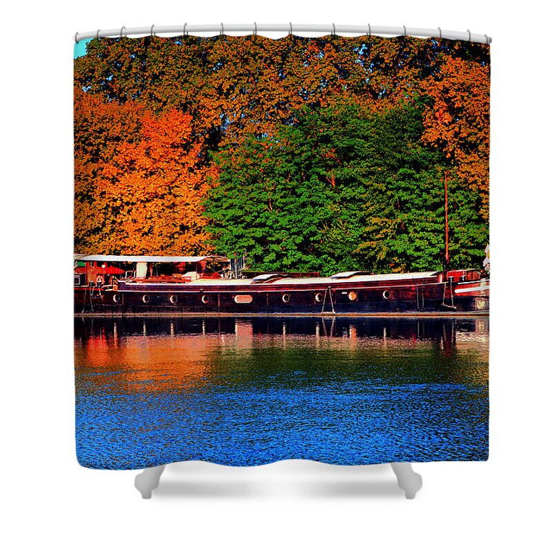Europe Shower Curtain featuring the photograph House Boat river barge in France by Tom Prendergast