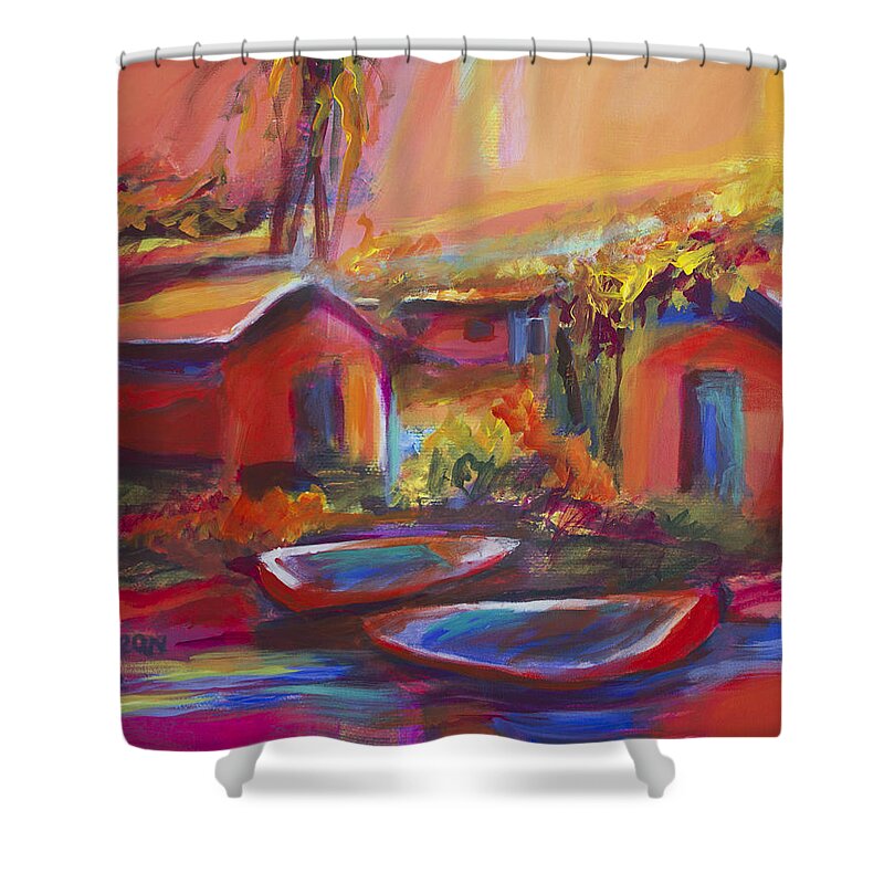 Abstract Shower Curtain featuring the painting Houses by Cynthia McLean