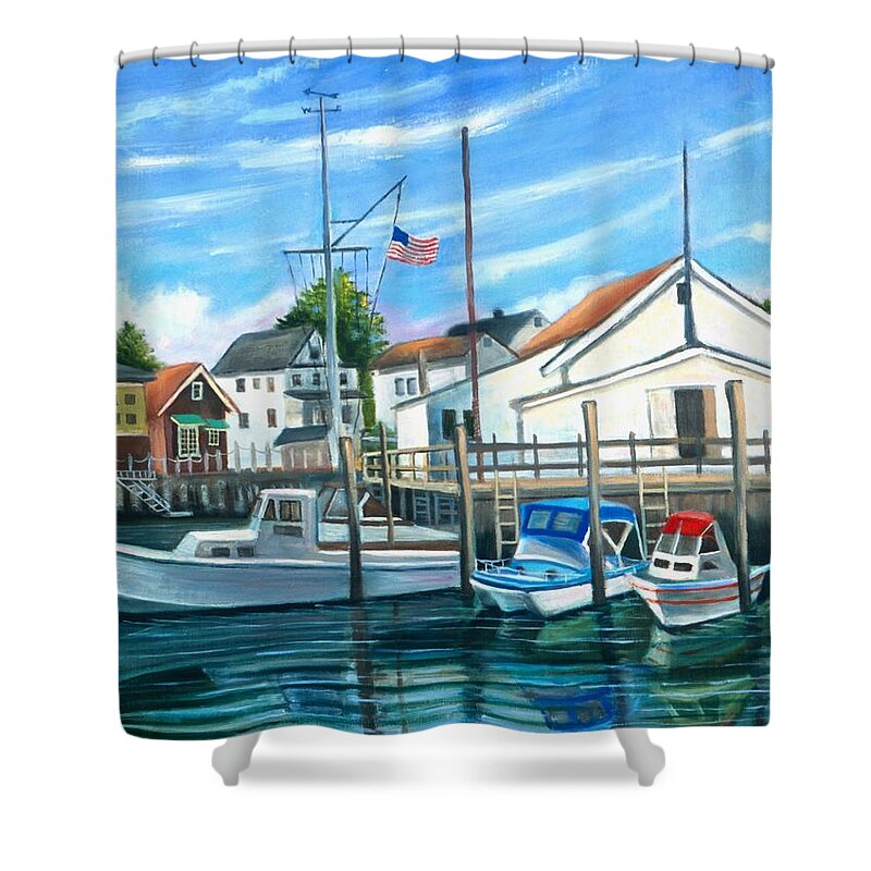 Boats Shower Curtain featuring the painting Howard Beach Motor Club by Madeline Lovallo