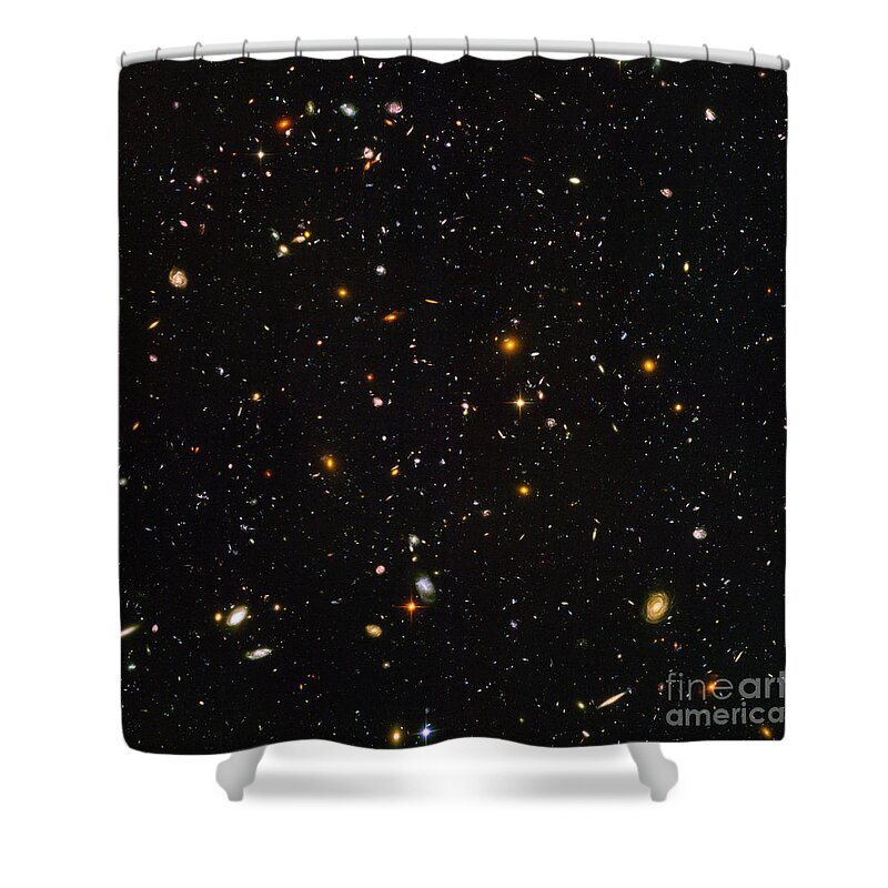 Galaxy Shower Curtain featuring the photograph Hubble Ultra Deep Field Galaxies by Science Source