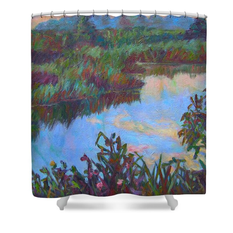 Landscape Shower Curtain featuring the painting Huckleberry Line Trail Rain Pond by Kendall Kessler