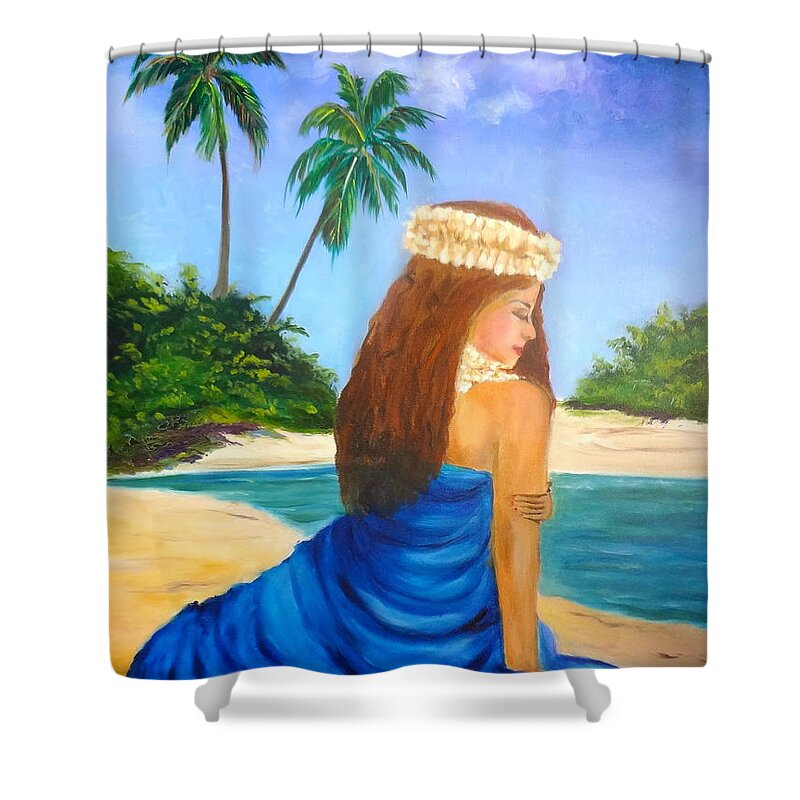 Hula Girl Shower Curtain featuring the painting Hula Girl On The Beach by Jenny Lee