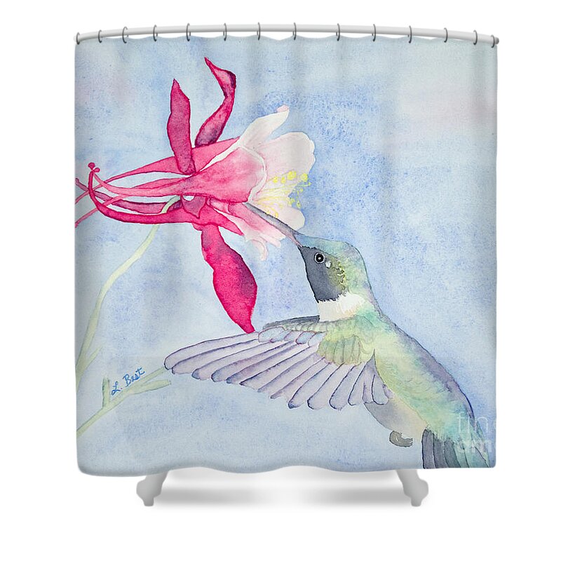 Ruby-throated Shower Curtain featuring the painting Hummingbird and Columbine by Laurel Best