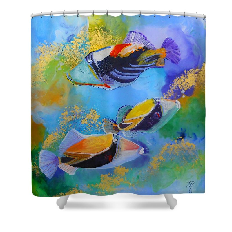 Tropical Fish Shower Curtain featuring the painting Humuhumu by Marionette Taboniar