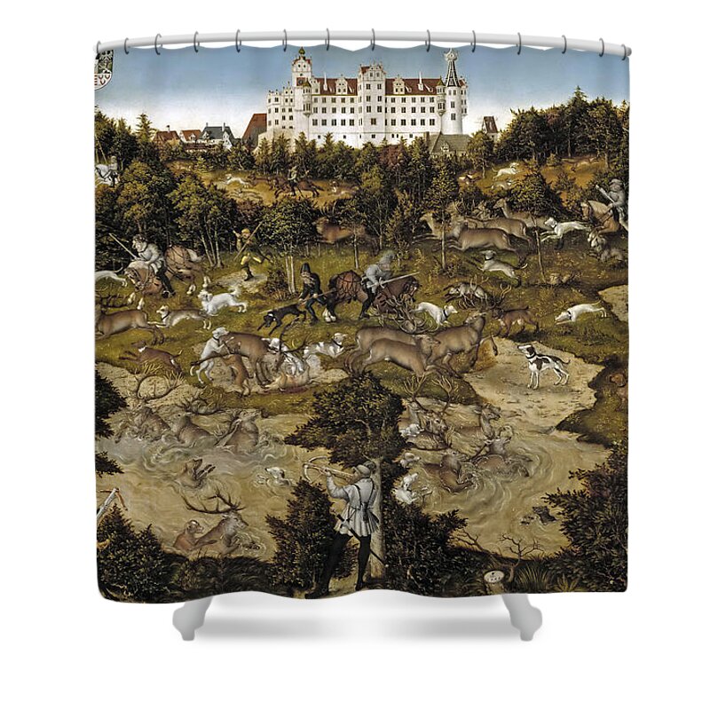 Lucas Cranach The Elder Shower Curtain featuring the painting Hunting in honor of Charles V near the Castle of Torgau by Lucas Cranach the Elder