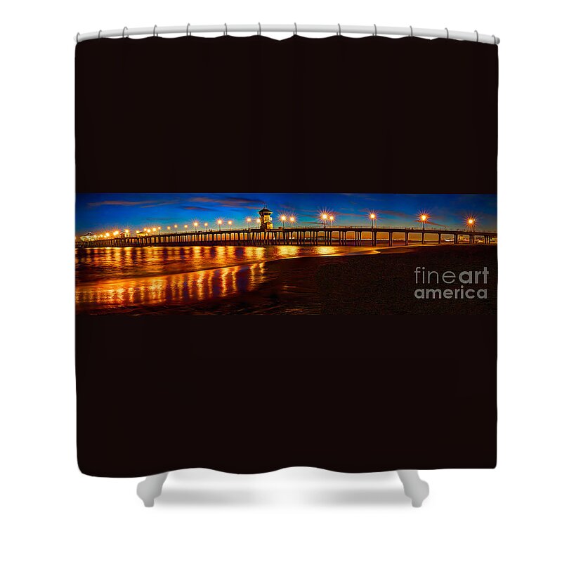 Huntington Beach Shower Curtain featuring the photograph Huntington Beach Pier Twilight Panoramic by Jim Carrell