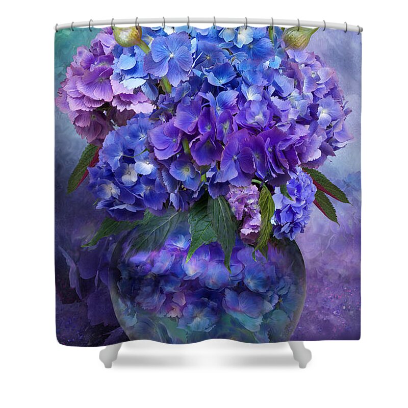 Hydrangeas Shower Curtain featuring the mixed media Hydrangeas In Hydrangea Vase by Carol Cavalaris