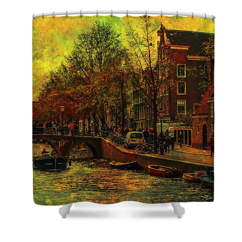 I Amsterdam Shower Curtain featuring the photograph I AMsterdam. Vintage Amsterdam in Golden Light by Jenny Rainbow