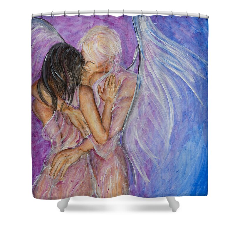 Angel Lovers Shower Curtain featuring the painting I Believed In You by Nik Helbig