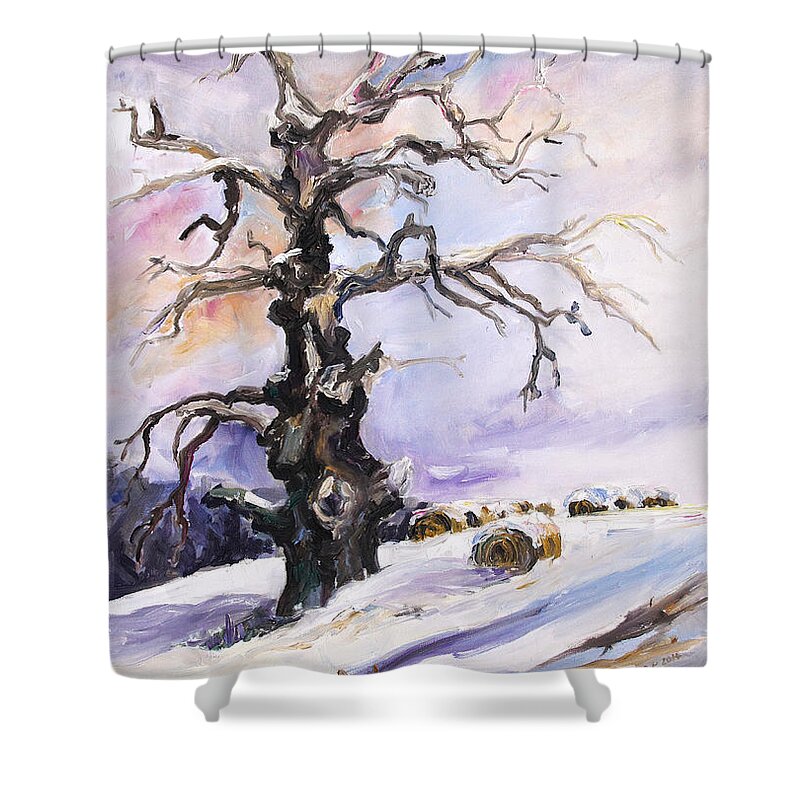Landscape Shower Curtain featuring the painting I Have Got Stories To Tell Old Oak Tree In Mecklenburg Germany by Barbara Pommerenke