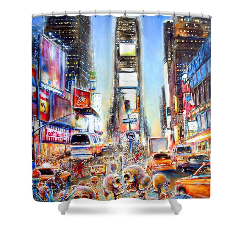 Dia De Los Muertos Shower Curtain featuring the painting I Heart NY by Heather Calderon