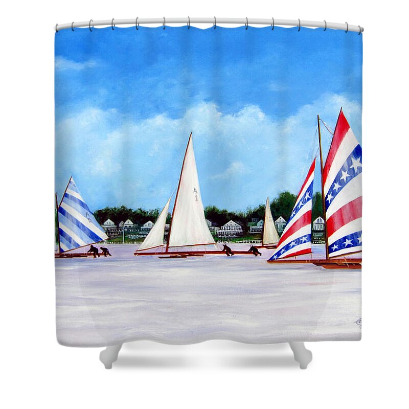 Red Bank Nj Shower Curtain featuring the painting Winter Sails on the Navesink River Red Bank by Leonardo Ruggieri