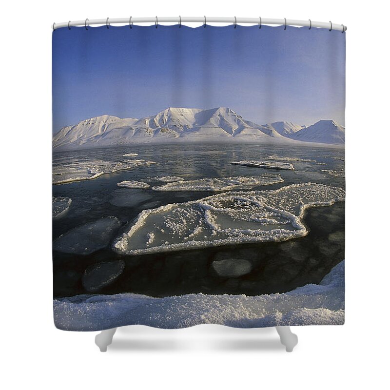 Feb0514 Shower Curtain featuring the photograph Ice Floes And Mountains Svalbard Norway by Colin Monteath