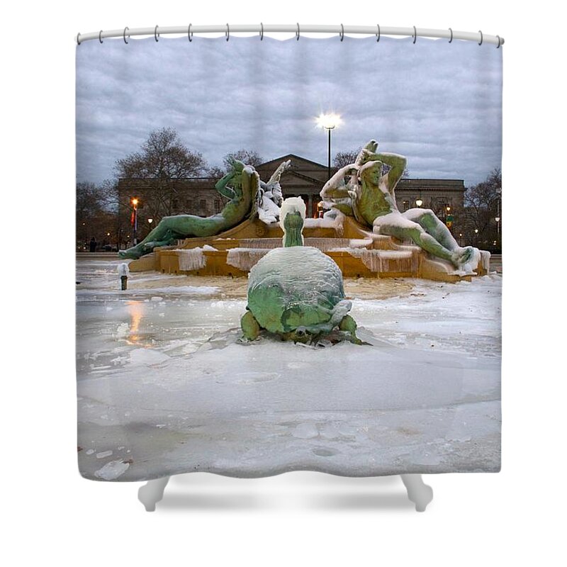 Swann Fountain Iced Shower Curtain featuring the photograph Ice On The Fountain by Alice Gipson
