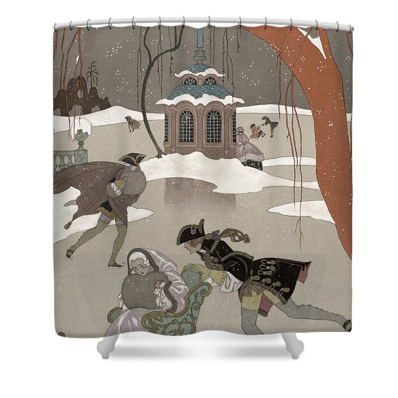 Pond Shower Curtain featuring the painting Ice Skating on the Frozen Lake by Georges Barbier