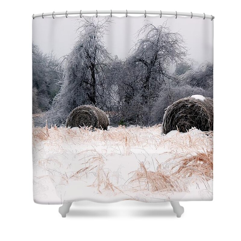 Ice Shower Curtain featuring the photograph Ice Storm and Hay Bales in the Blue Rdige Mountains by John Harmon