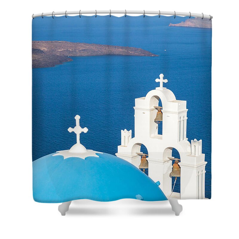 Church Shower Curtain featuring the photograph Iconic blue cupola overlooking the sea Santorini Greece by Matteo Colombo