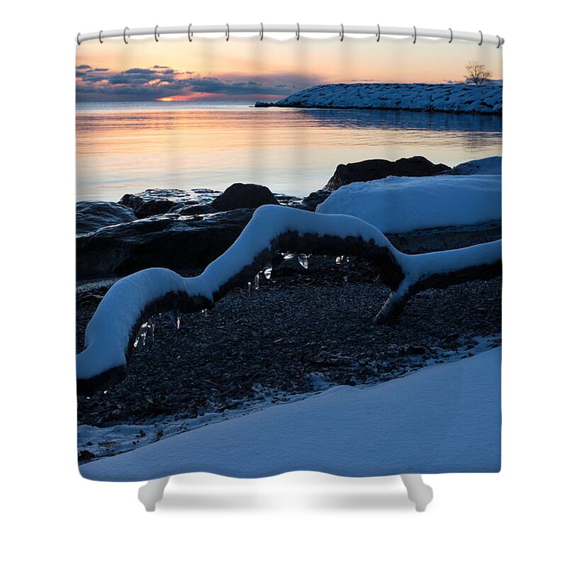 Icy Shower Curtain featuring the photograph Icy Snowy Winter Sunrise on the Lake by Georgia Mizuleva
