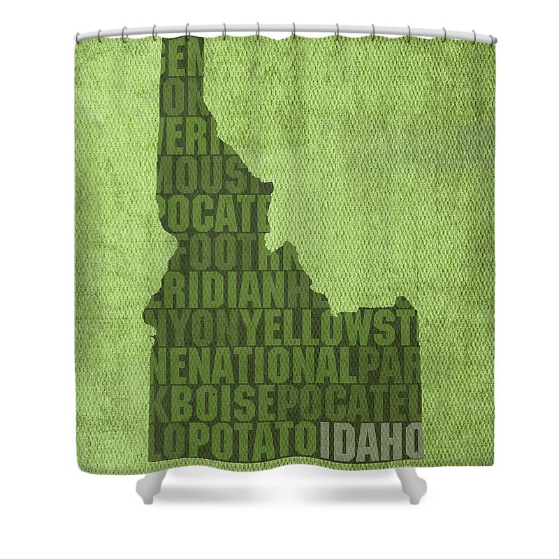 Idaho Boise Pocatello State Word Outline Map Usa Yellowstone Meridian Gem Northwest Potato Famous Shower Curtain featuring the mixed media Idaho State Word Art Map on Canvas by Design Turnpike