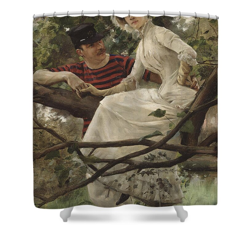 Male; Female; Coy; Flirtatious; Seduction; Flirtation; Climbing; Tree; Hat; Formal Dress; Soldier; Sailor; Uniform Shower Curtain featuring the painting Idyll, 1925 by Carl Larsson