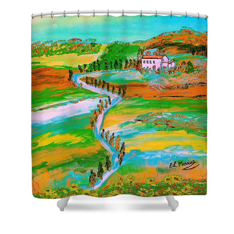 The Approach To A Farmhouse In Rural Tuscany Shower Curtain featuring the painting Tuscan countryside by Loredana Messina