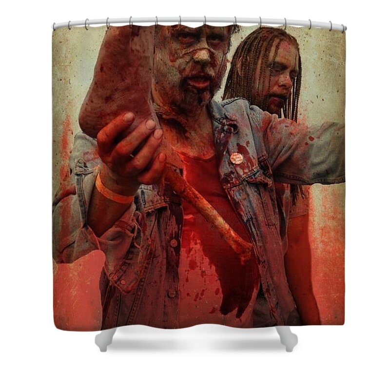 Zombie Shower Curtain featuring the photograph I'll Have a Leg by Lilliana Mendez