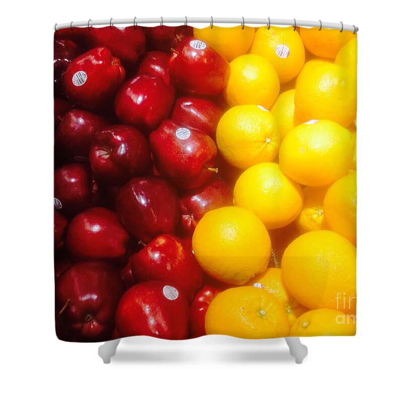 Apple Shower Curtain featuring the photograph I'm comparing apples and oranges by WaLdEmAr BoRrErO