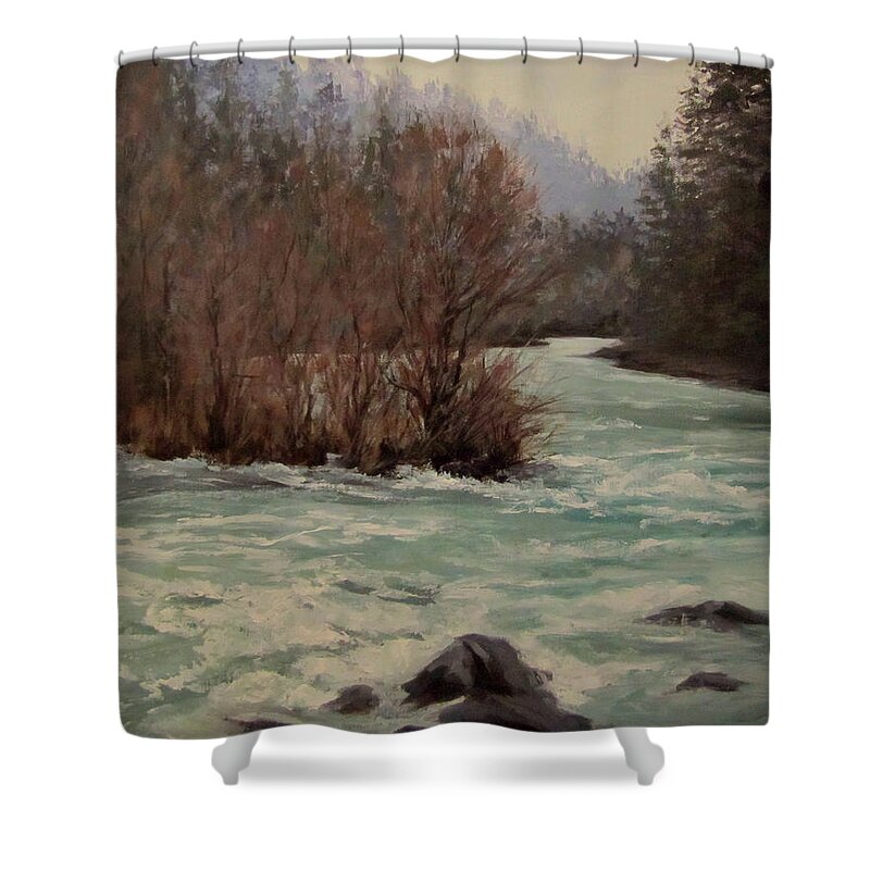 Landscape Shower Curtain featuring the painting In All Seasons by Karen Ilari