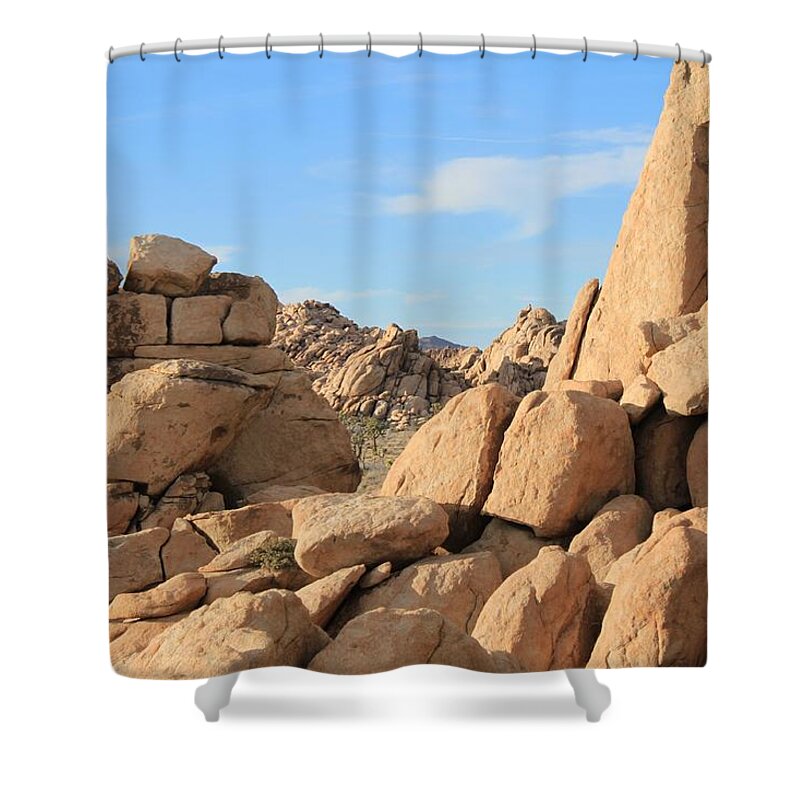 Joshua Tree National Park Shower Curtain featuring the photograph In Between The Rocks by Amy Gallagher