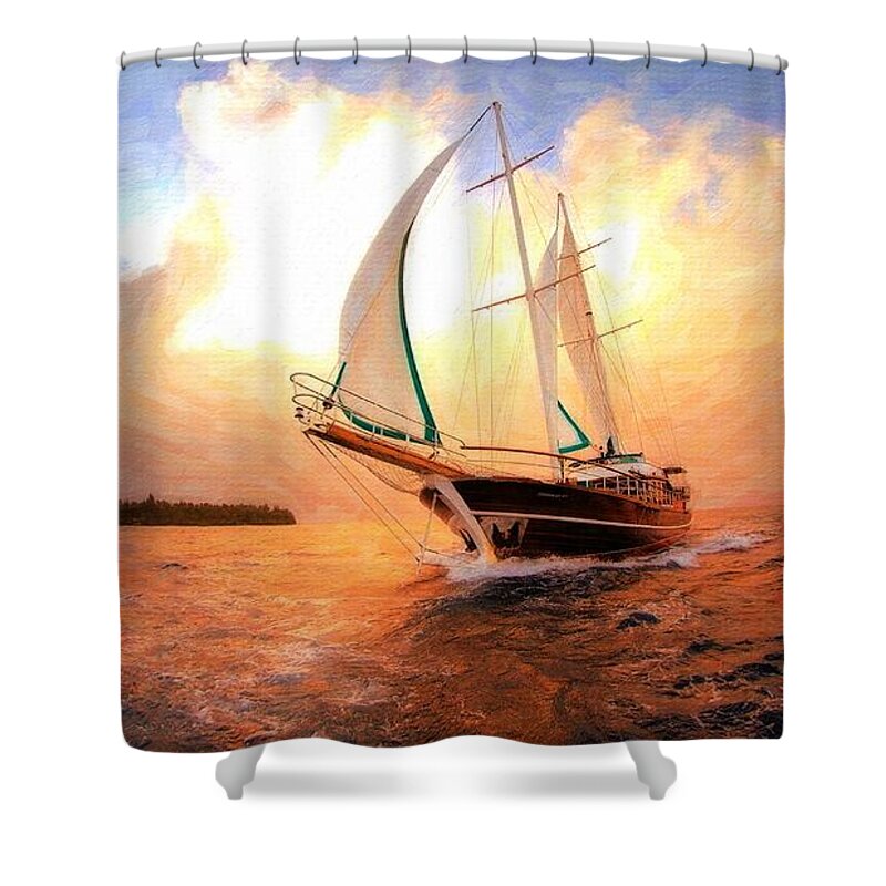 Full Sail Shower Curtain featuring the digital art In Full sail - oil painting edition by Lilia D