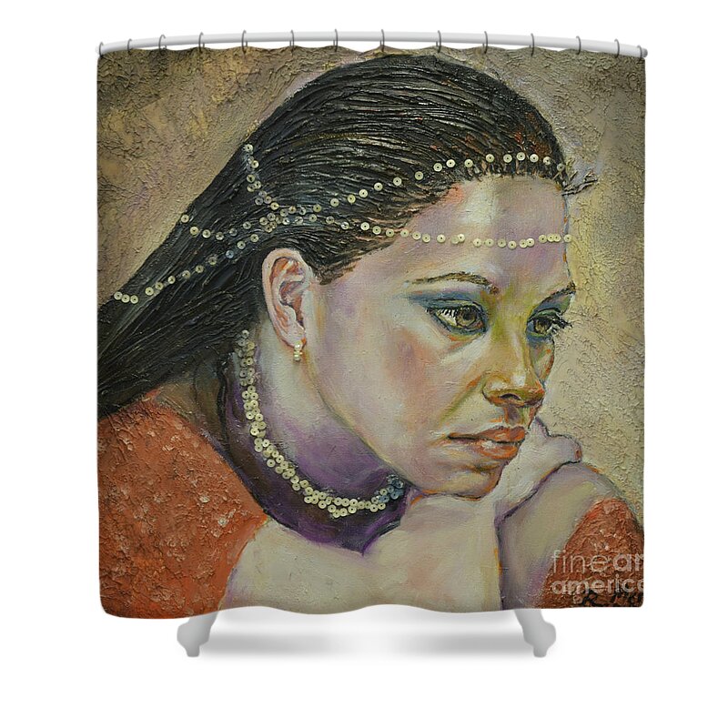In Her Thougts Shower Curtain featuring the painting In Her Thoughts by Raija Merila