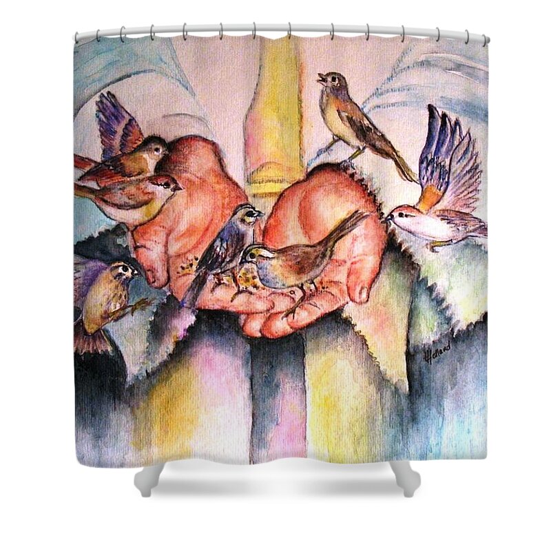 Birds Shower Curtain featuring the painting In His Hands by Hazel Holland