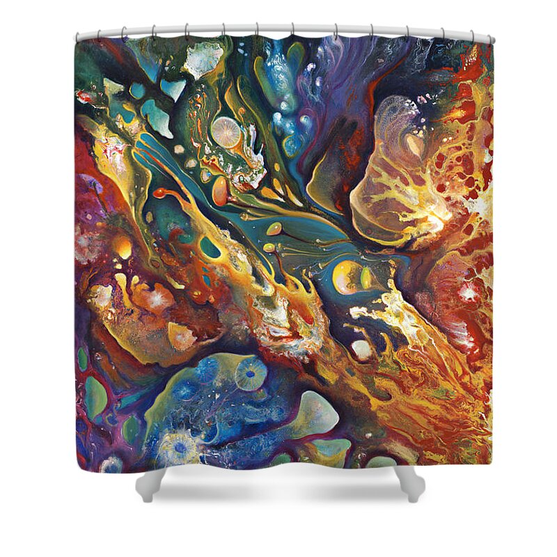 Abstract Shower Curtain featuring the painting In The Beginning by Ricardo Chavez-Mendez